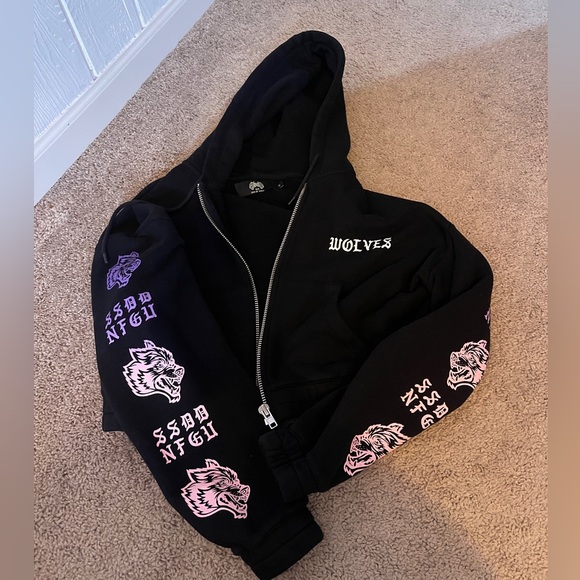 Darc Sport Tops - Darc Sport Black Zip-Up Hoodie with Pink Wolf Graphics